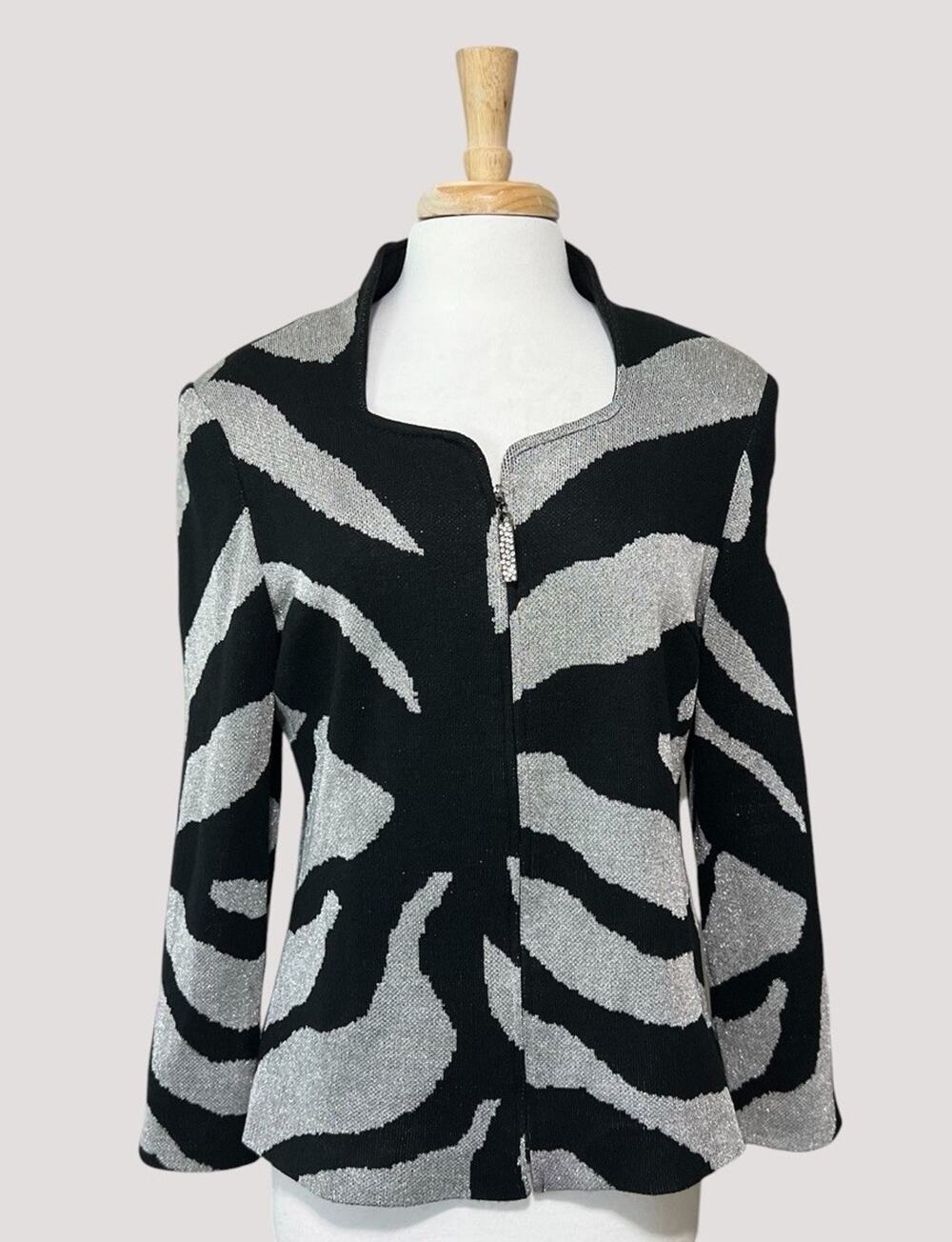 Liorah Black Silver Cardigan Jacket Wool Blend Sz 10 Metallic Sweater Old Money